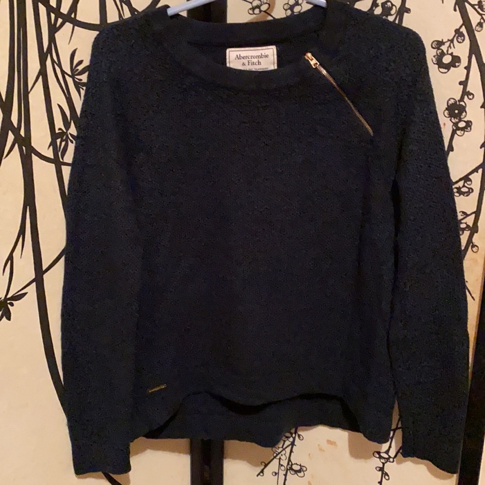 Abercrombie & Fitch Navy  Blue Zipper Neckline Chunky SweaterW/Gold Metal Logo - Picture 2 of 16